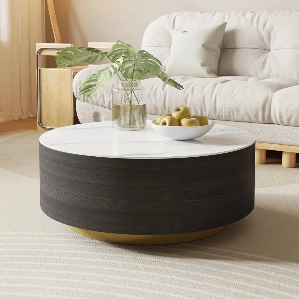 Modern Round Marble Coffee Table with Drawers, 33.47