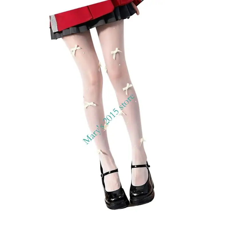 E15F Pantyhose เอวสูง Sheer ถุงน่องผ้าไหมนักเรียนหญิงต้นขาสูงถุงน่อง Sparkly Bows ไข่มุก Tights สำหรับผู้หญิงหญิง