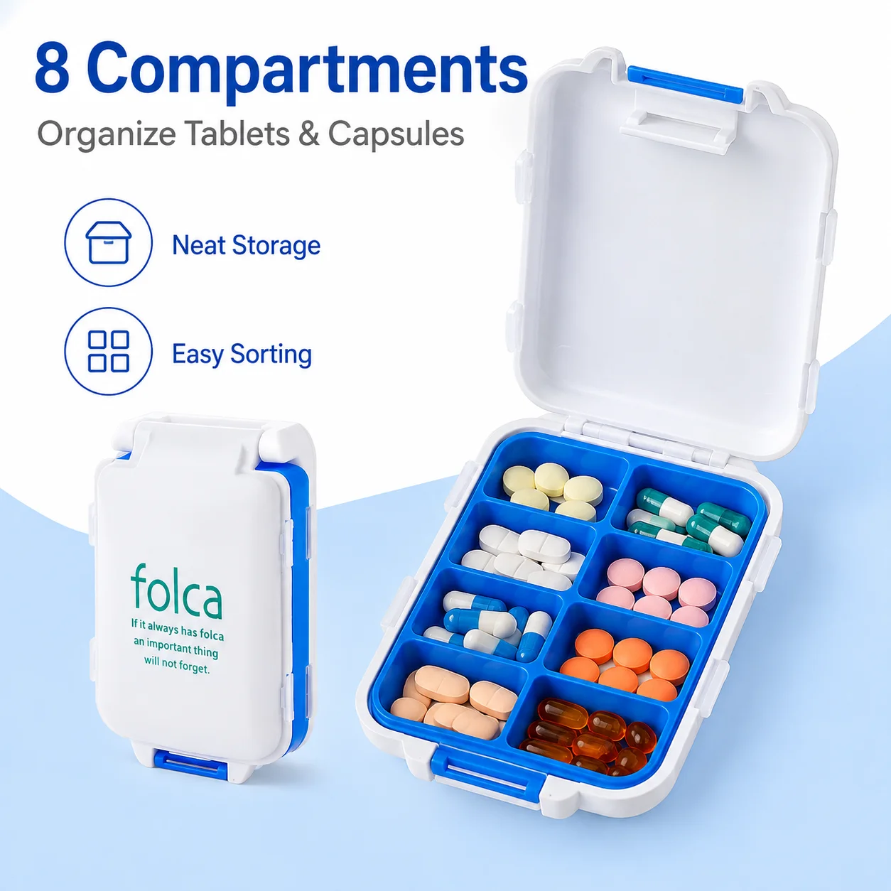 Portable Weekly Pill Organizer Box, 8 Compartment Travel Medicine Storage Case with Single Lid Design, Compact Pill Holder for Tablets and Capsules, Daily Medication Organizer Container for Home, Office and Travel Use
