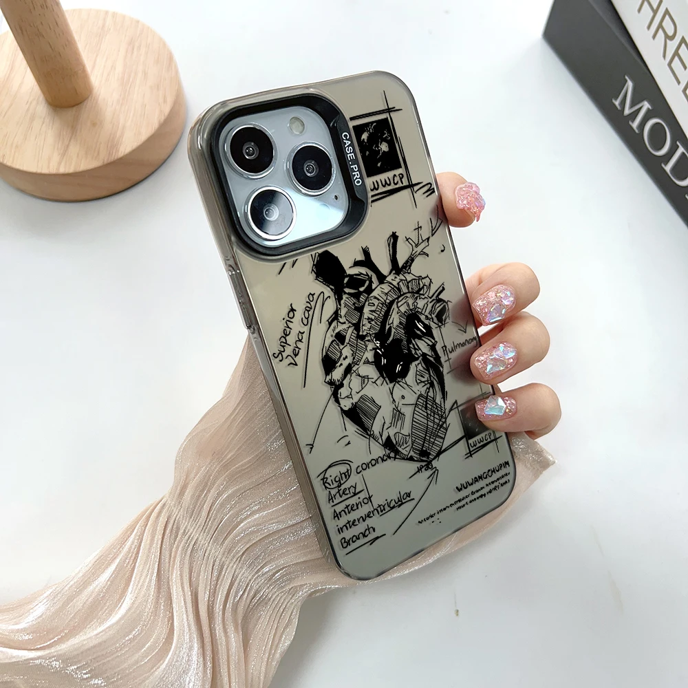 Cardiovascular model Phone Case for IPhone 13 12 11 15 14 Pro Max Plus Lens Creative Border Silver Plated Inside Hard TPU Cover