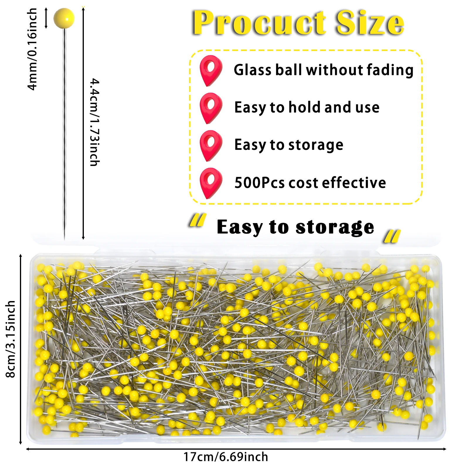 500Pcs Quilting Pins 1.75 Inch Straight Pins Round Head Needles Stitch Straight Push Dressmaker Pins for DIY Sewing Positioning