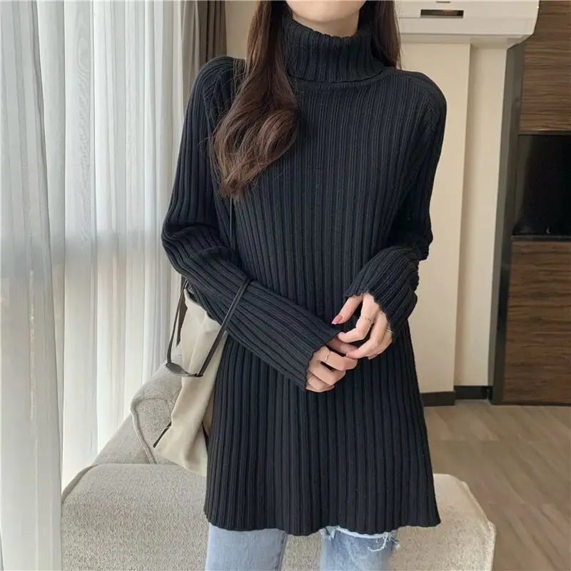 Women Vintage Simple Turtleneck Basic Knitted Sweaters Autumn Winter Trendy Solid Long Sleeve Loose Pullover Tops Casual Jumpers