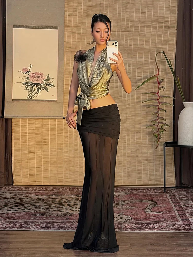 Kliou Sexy Rückenfreie Gold-Tanktops für Damen, Sommer-Trend Neckholder-Oberteil mit Schwingkragen, Schnürung und Bauchfrei-Design im High-Street-Stil