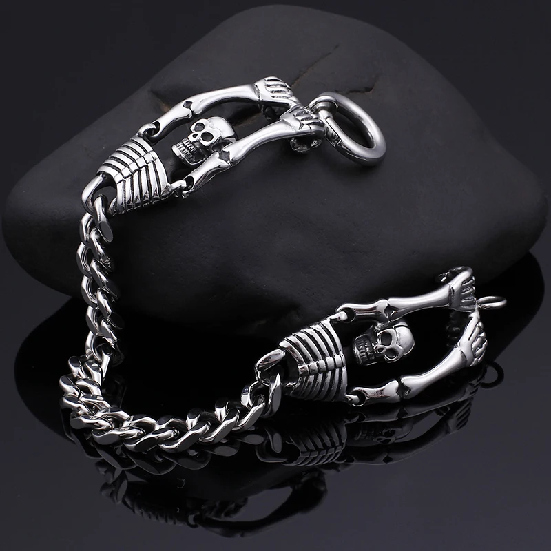 Fongten Retro Skull Bracelet Men Skeleton Stainless Steel Bracelets For Mens Halloween Gift