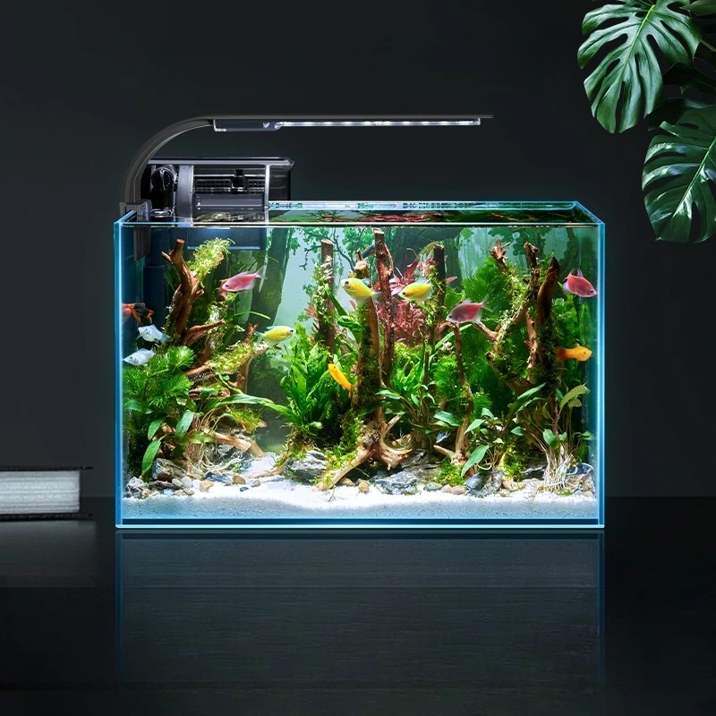 

aquarium, white glass living room, small mini desktop without water change, household small goldfish tank, ecological
