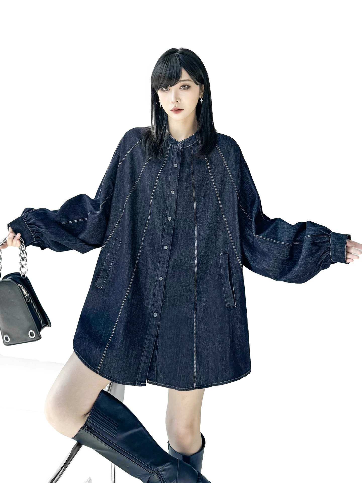 

Loose Women's Denim Shirt Spring 2026 Casual Style Batwing Sleeve Casual Feel Decorative Stitching Versatile Outerwear