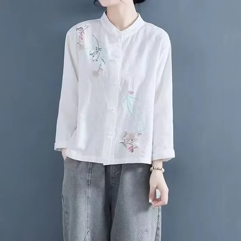 Kemeja Lengan Panjang Bordir Gaya Cina Wanita Katun Linen Kerah Tegak Pakaian Teh Vintage Kasual Atasan Wanita Hanfu
