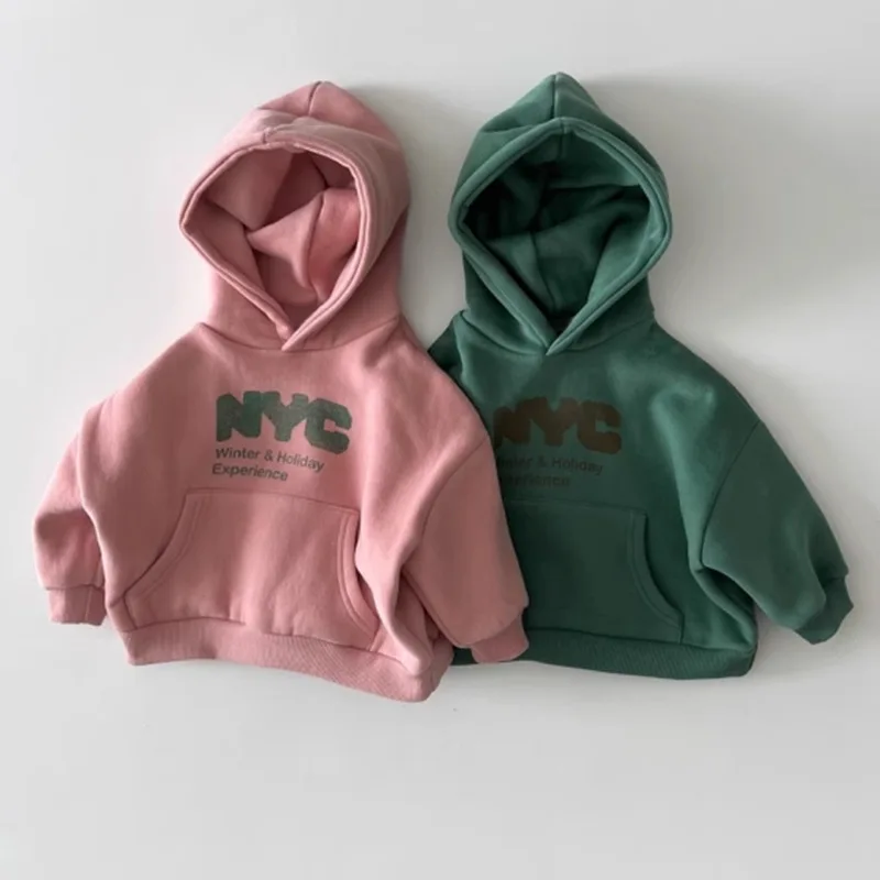 2025 kinder Brief Drucken Warme Mit Kapuze Tops Baby Kleidung Herbst Neue Kinder Langarm Casual Sweatshirt Jungen Mädchen Fleece Hoodie