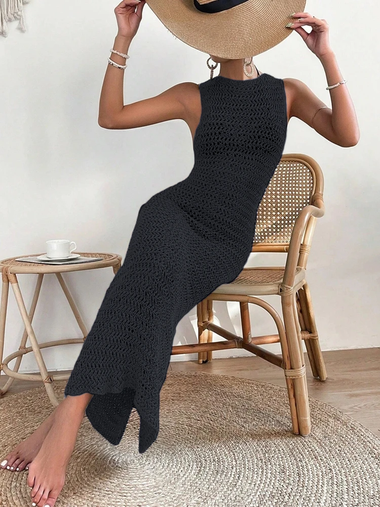 

Sleeveless fashionable and elegant round neck clip waist hollow curve dress, sleeveless women's slim fit commuting wool dress