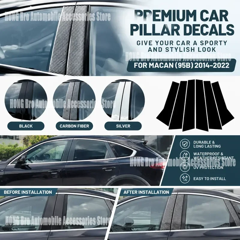 For Porsche Macan 95B 2014-2022 Glossy Black Carbon Fiber B C Pillar Post Cover Trim Sticker Window Door Frame Decoration