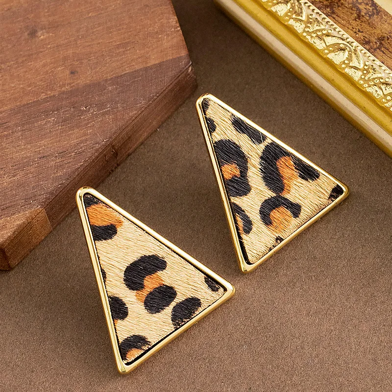 Stylish exaggerated European and American style horse hair leopard print triangular stud earrings light luxury commuter earrings
