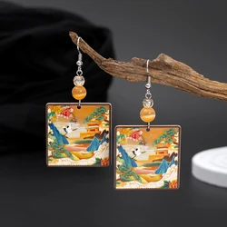 Alpine Crane 3D Print Orange Acrylic Earrings For Women Vintage Chinese Style Girls Light Elegant Jewelry With Cat's Eye Stones