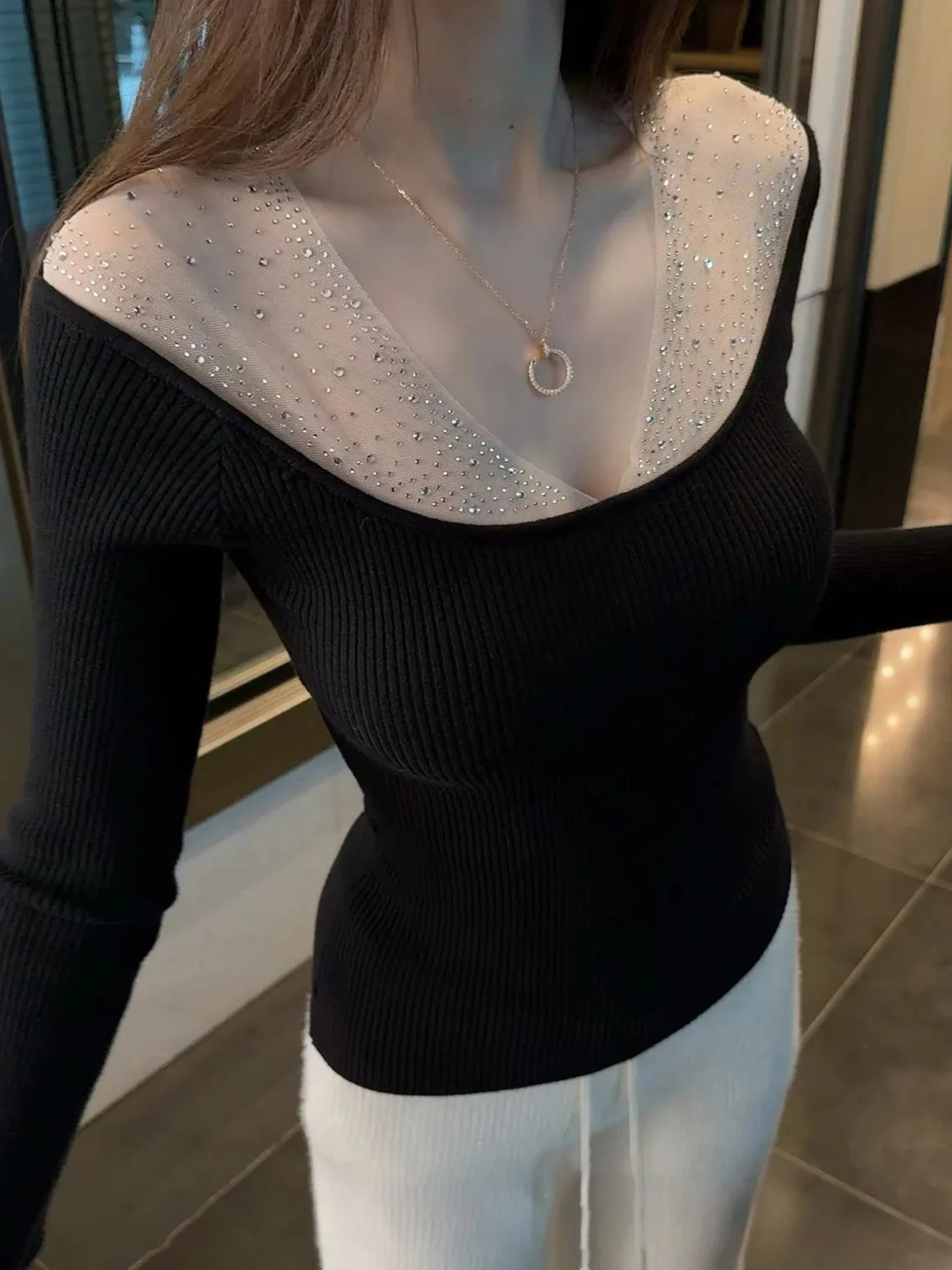 

Женский облегающий вязаный свитер для осени и зимы с блестящим декором, базовый слой, мягкий трикотаж