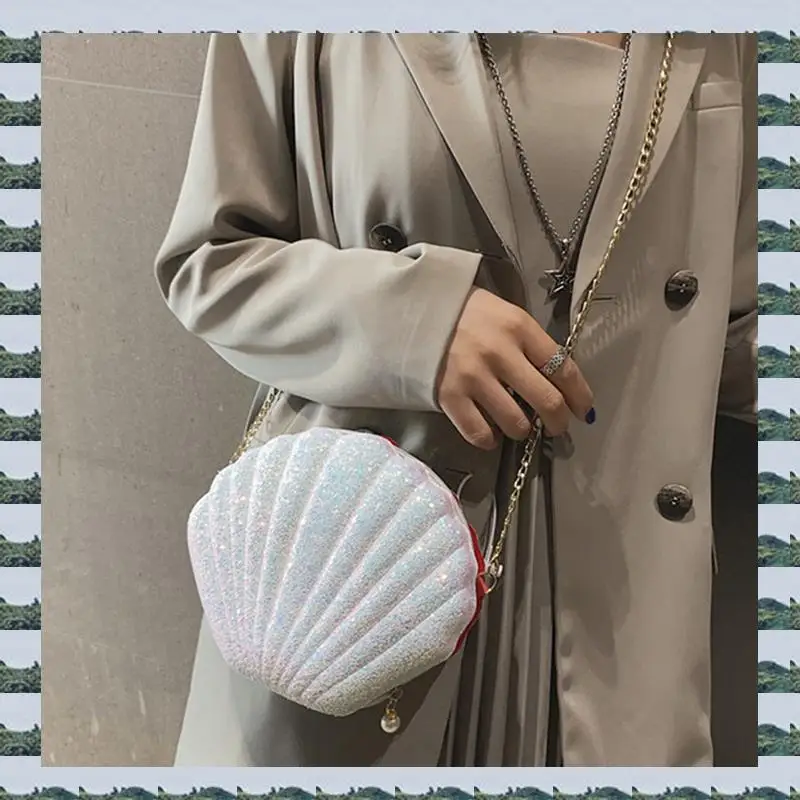 

ABQR 2X Women Girls Little Mermaid Seashell Purse Cross-Body Shoulder Bags Glitter Sequins Chain Evening Purse, White