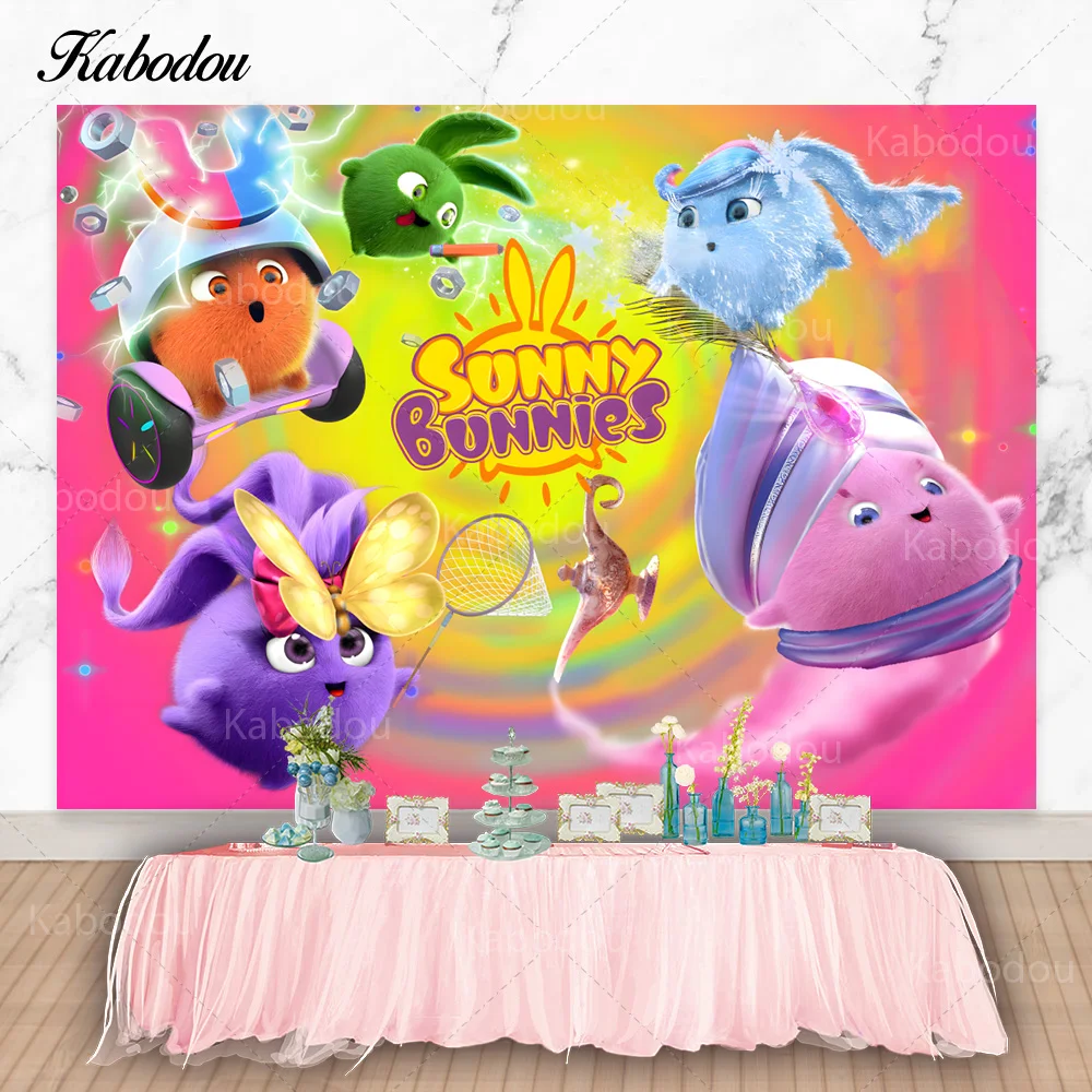 Kabodou Sunny Bunnies Photo Backdrop Happy Birthday Photography Background Rabbit Baby Shower Decorations Banner