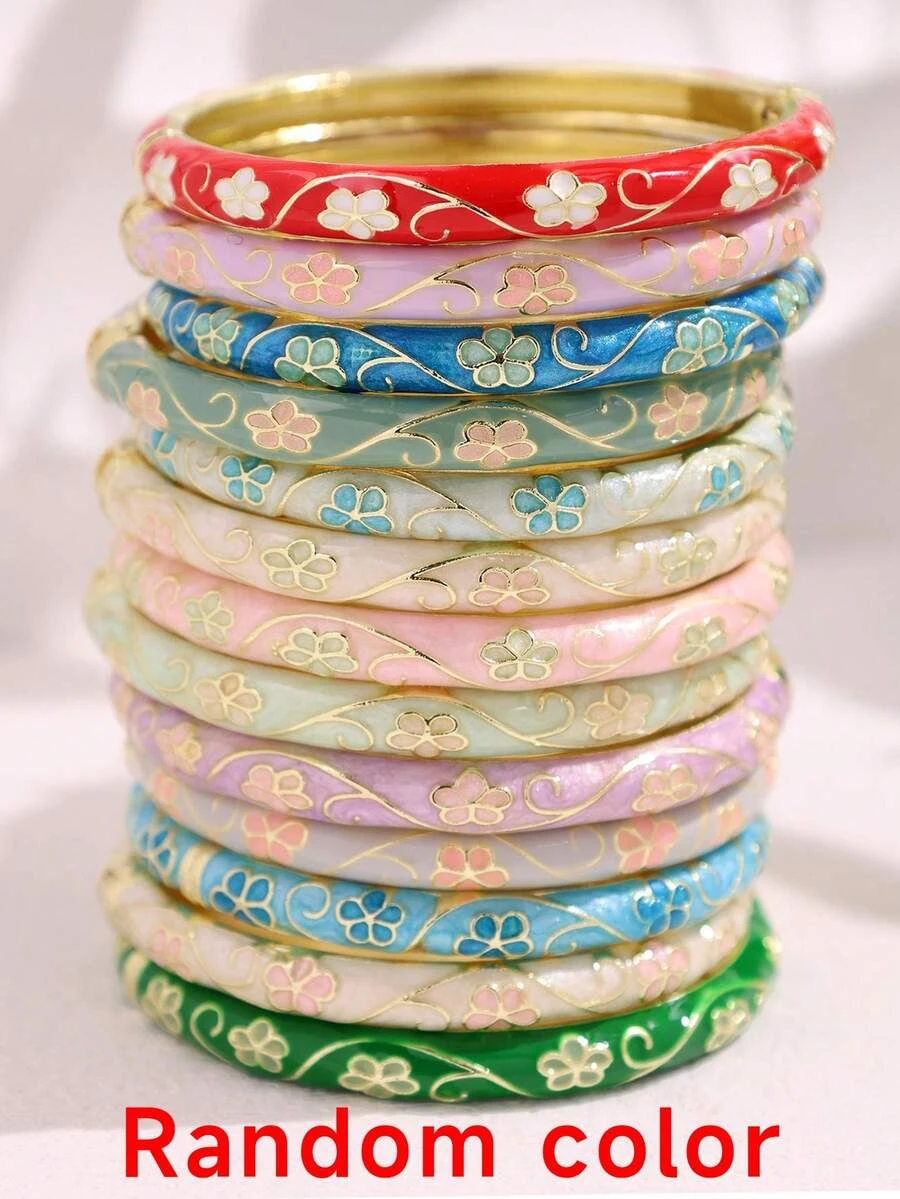 25/20/15/10/7/5/3pcs Random Color Flower Enamel Bracelet, Women's Vintage Elegant Luxury Palace Style Oil-Drip Metal Bracelet