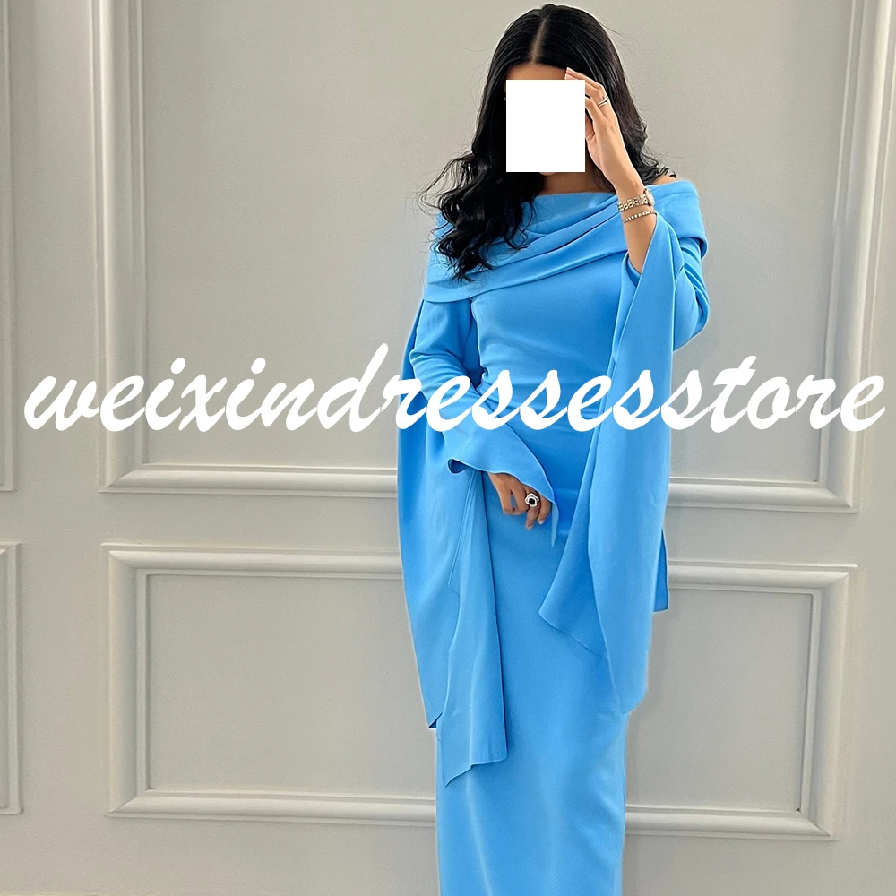 Exquisite Women Blue Straight  Floor Length One Shoulder Jersey Long Sleeves Pleats Vestido De Noche  Saudi  Arabia Prom Dress