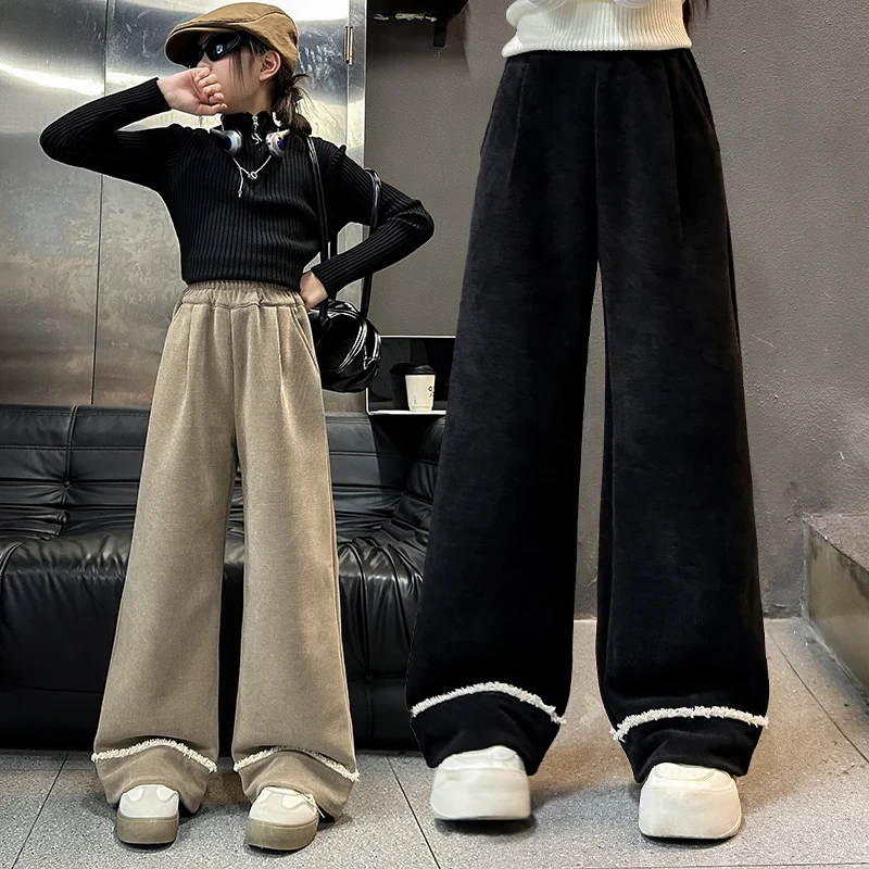 

Girls Fleece Lined Wide Leg Pants Striped Casual Fashionable Mid to Large Children Korean Style Loose Fit Children's Trousers