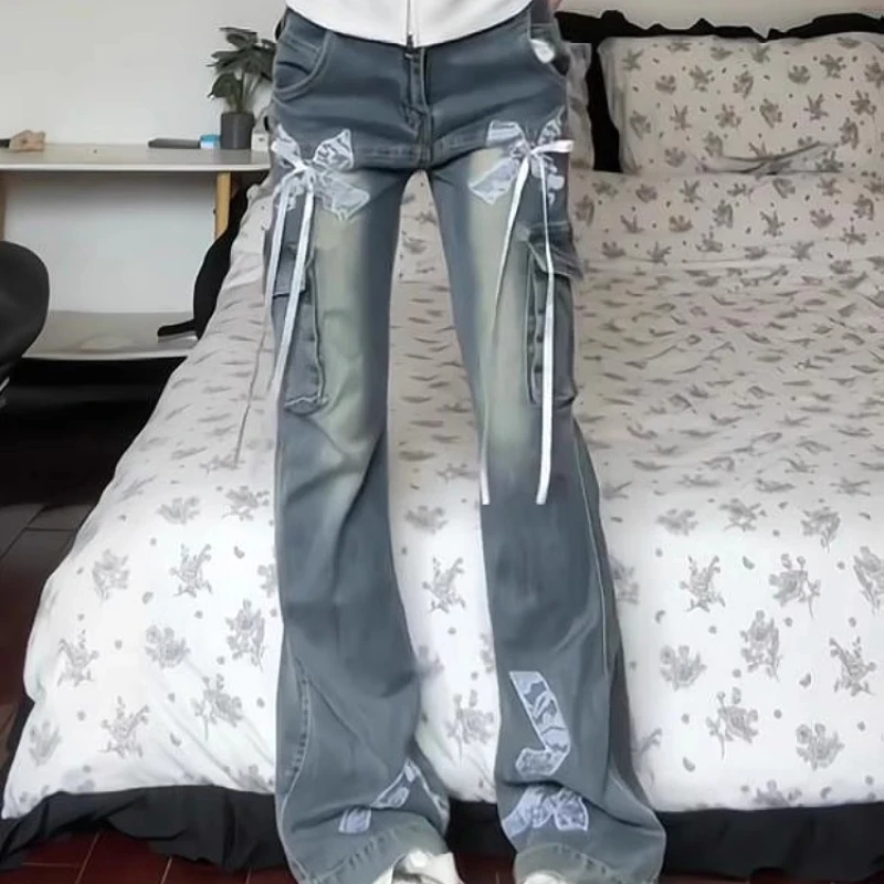 Retro Lace Bow Micro Flared Jeans Women Y2k Patchwork Baggy Pants Model Trendy Slim American High Street Straight Leg Trousers