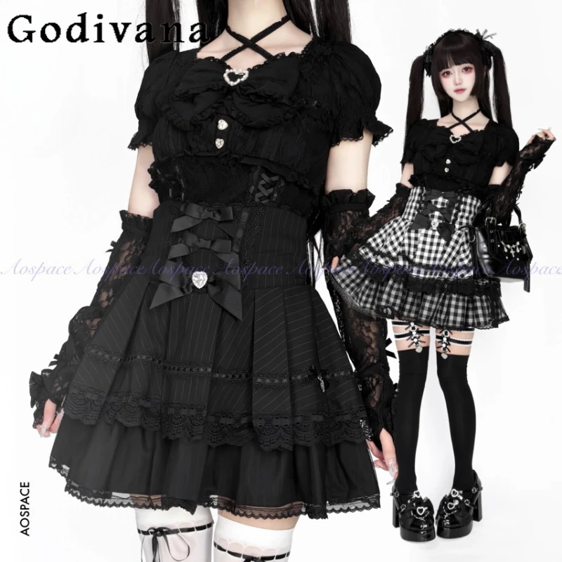 

Japanese Mass-produced Mine Gothic Dark Lolita Short Skirt Spring Autumn Subculture Cute Girls Women Sweet Bow Lace Mini Skirt