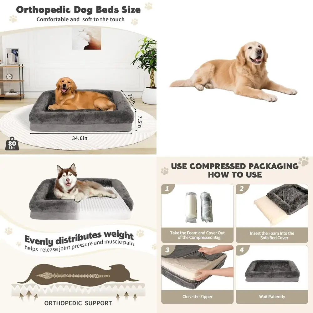 

XL Waterproof Dog Bed with Removable Cover, Foam Bolster & Plush Mat (Grey, 34.6x26x7.5in)