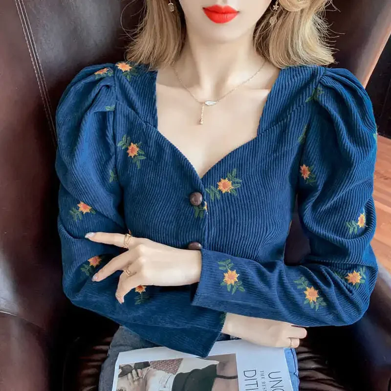 

Women Blouse Autumn Spring Vintage COTTON Square Collar Puff Sleeve Printing Full Solid Casual Shirts Korean Sweet Girls Tops