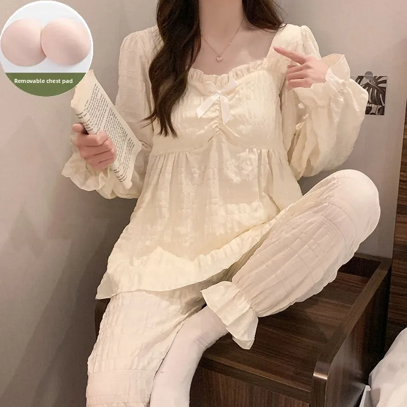 甘くて可愛いクラウドコットン寝間着セット女性の春秋冬薄い長袖胸パッド付きホーム服 V ネックパジャマ 1