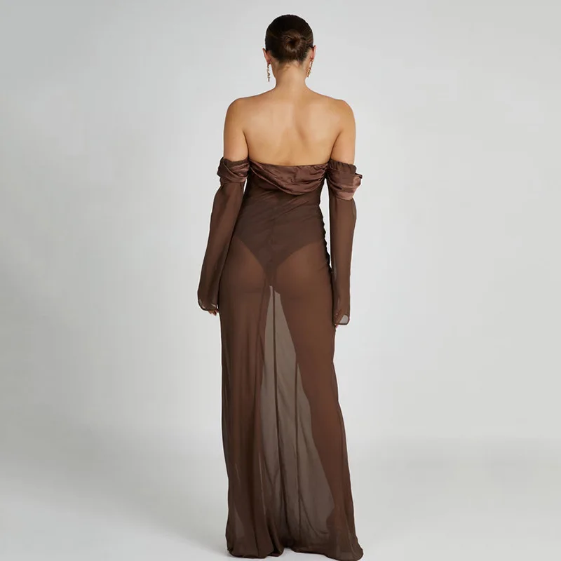 Nuovo abito lungo trasparente con maniche lunghe sexy alla moda senza spalline per le donne autunno