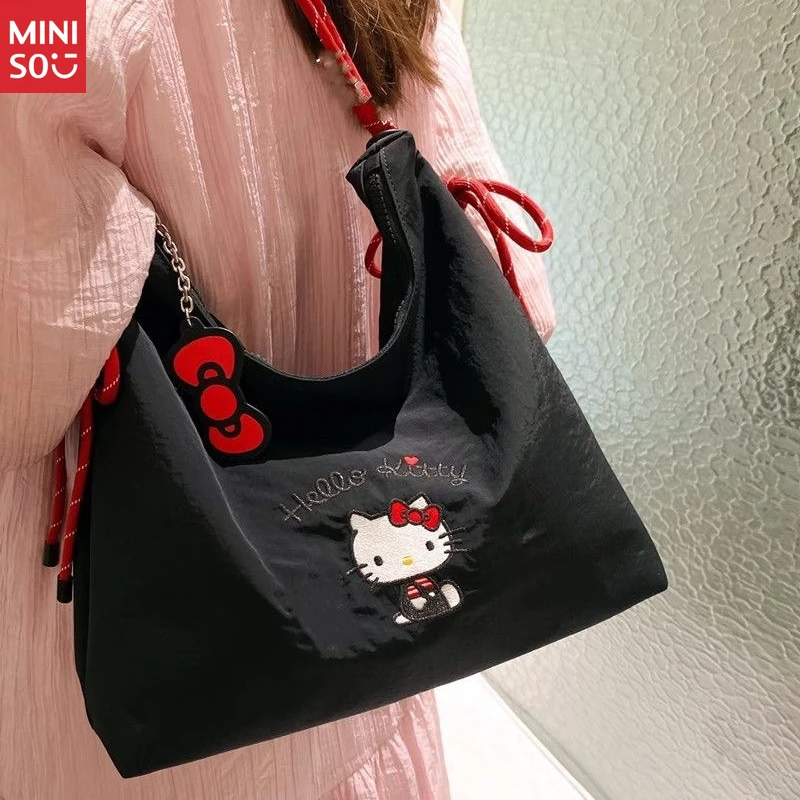 Miniso 2025 Hello Kitty Canvas Tote, Summer Embroidered Shoulder Bag for Commute