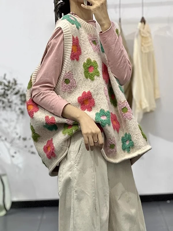 Cute 3D Print Knitted Vest Loose round Neck Nylon Cotton Women's Sweater Floral Pattern Casual Comfortable Fit Body Heat Rete...