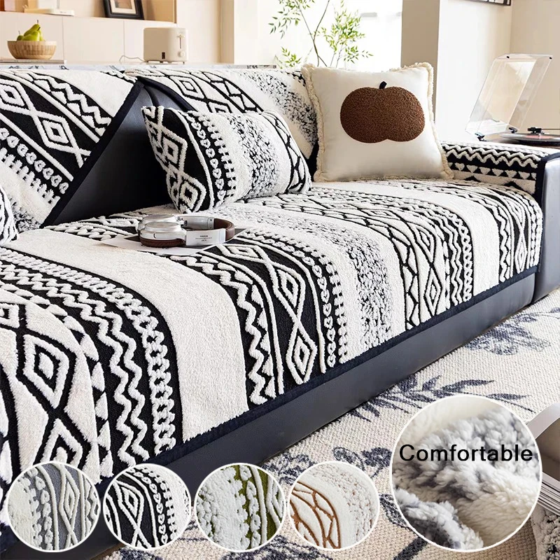 

1PC Bohemian Style Sofa Cover Solid Color Thicken Plush Sofa Towel Covers Non-slip Couch Slipcovers Sofa Mat for Living Room