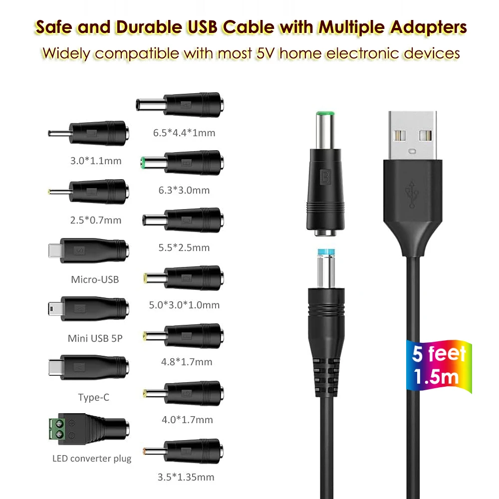 Uniwersalny kabel USB z gniazdem 5.5x2.1mm DC i 13 dodatkowymi adapterami wtyczka DC, przewód zasilający 1.5m/5 stóp do urządzeń elektrycznych 5V