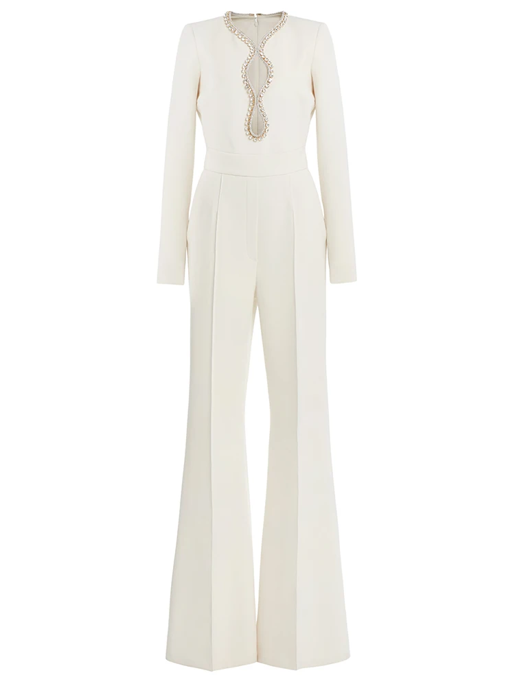 HIGH STREET Newest Fashion 2026 Designer Romper Women's Clothes LongSleeve Diamonds Collar Rhinestone Beaded Jumpsuit ropa mujer