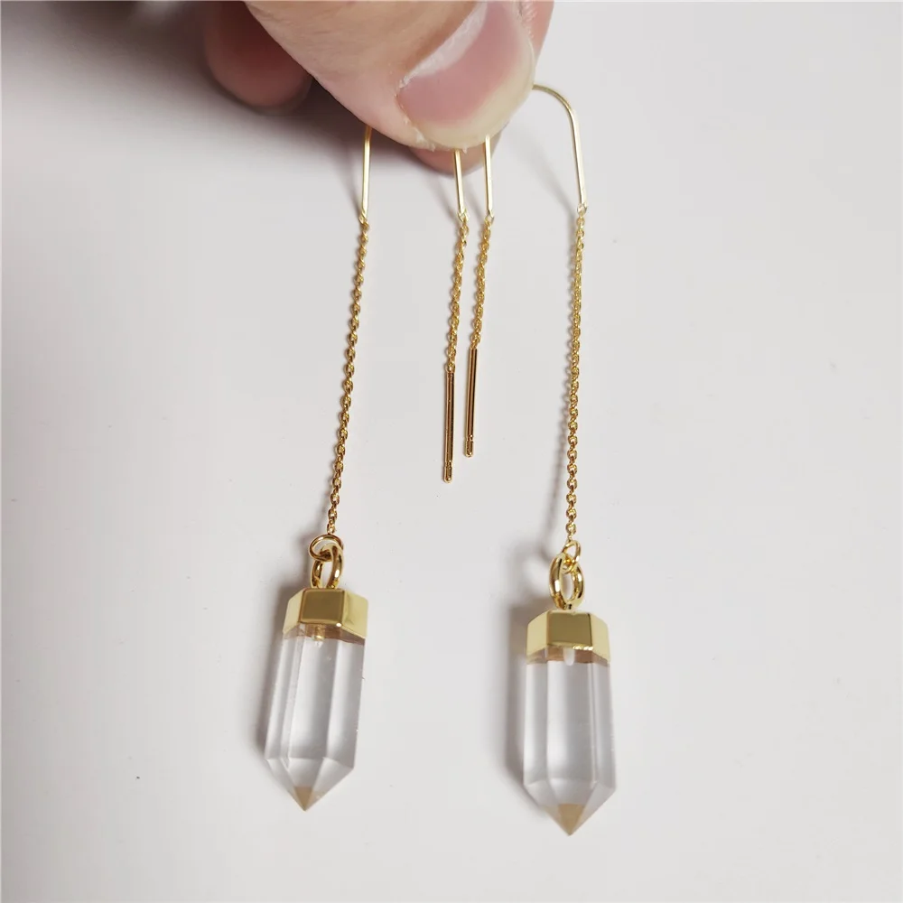 FUWO Wholesale Natural Clear Quartz Point Earring,Golden Plated Handmade Threader Earrings Jewelry For Women 5Pairs/Lot ER125W