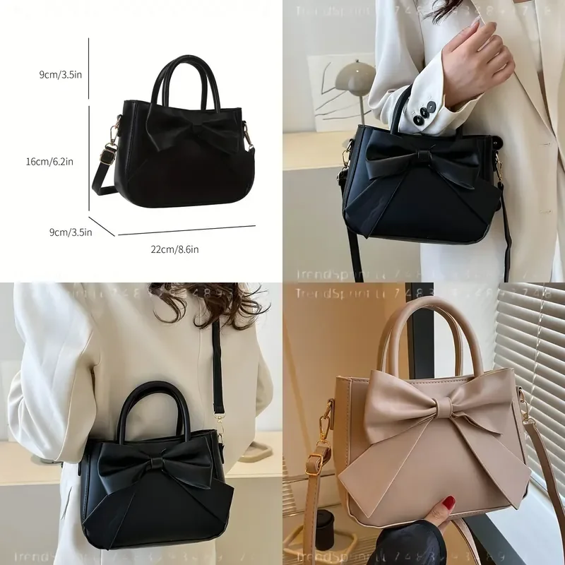 Elegante Bolso de Mano Negro con Lazo para Mujer, con Herrajes Dorados, Correa Desmontable, Bolso de Hombro Moderno para el Trabajo Diario y Viajes