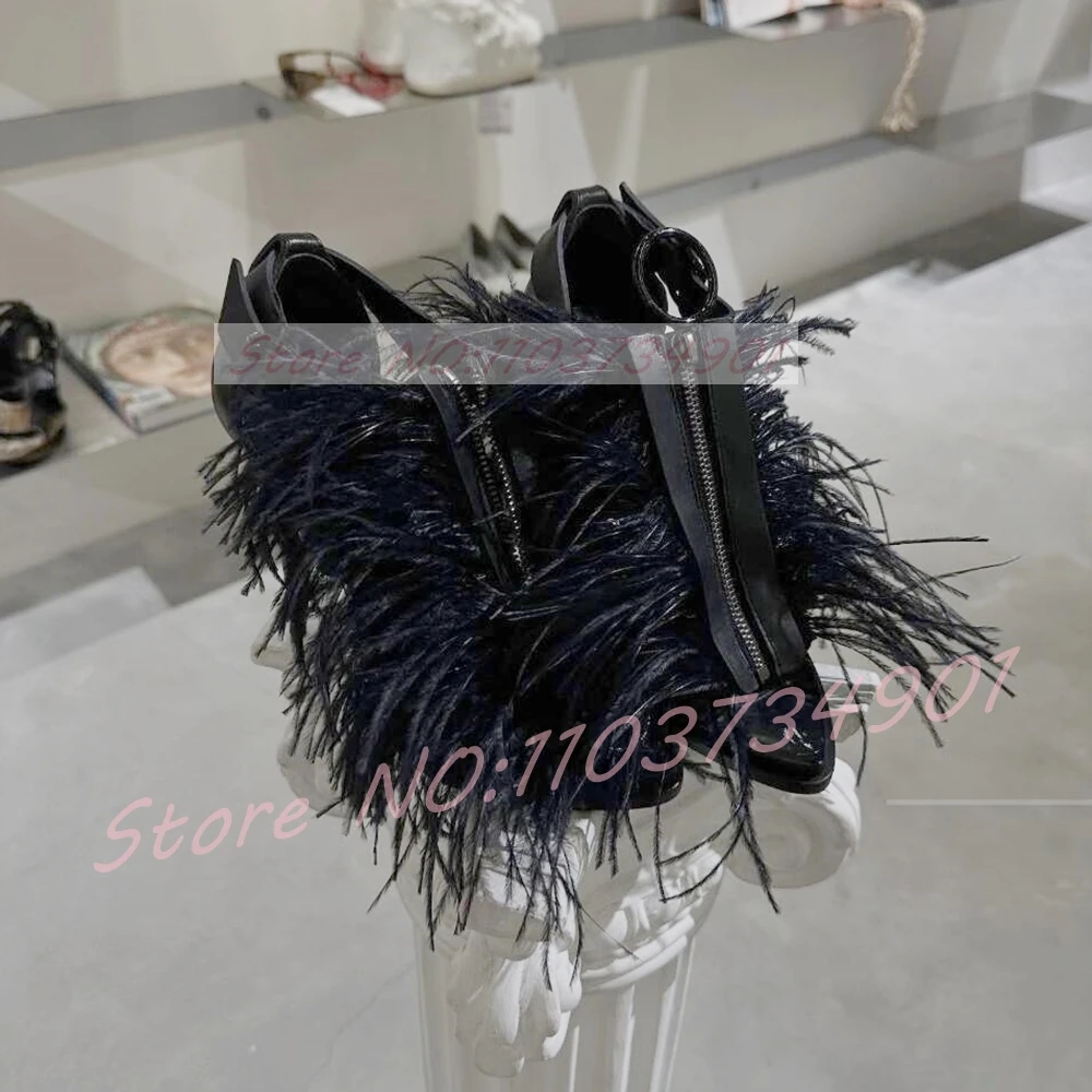 Black Feather Open Toe Sandals Women Trendy Edgy Zipper Ankle Buckle Strap High Heels Sandals Lady Sexy Nightclub Party Footwear view 3