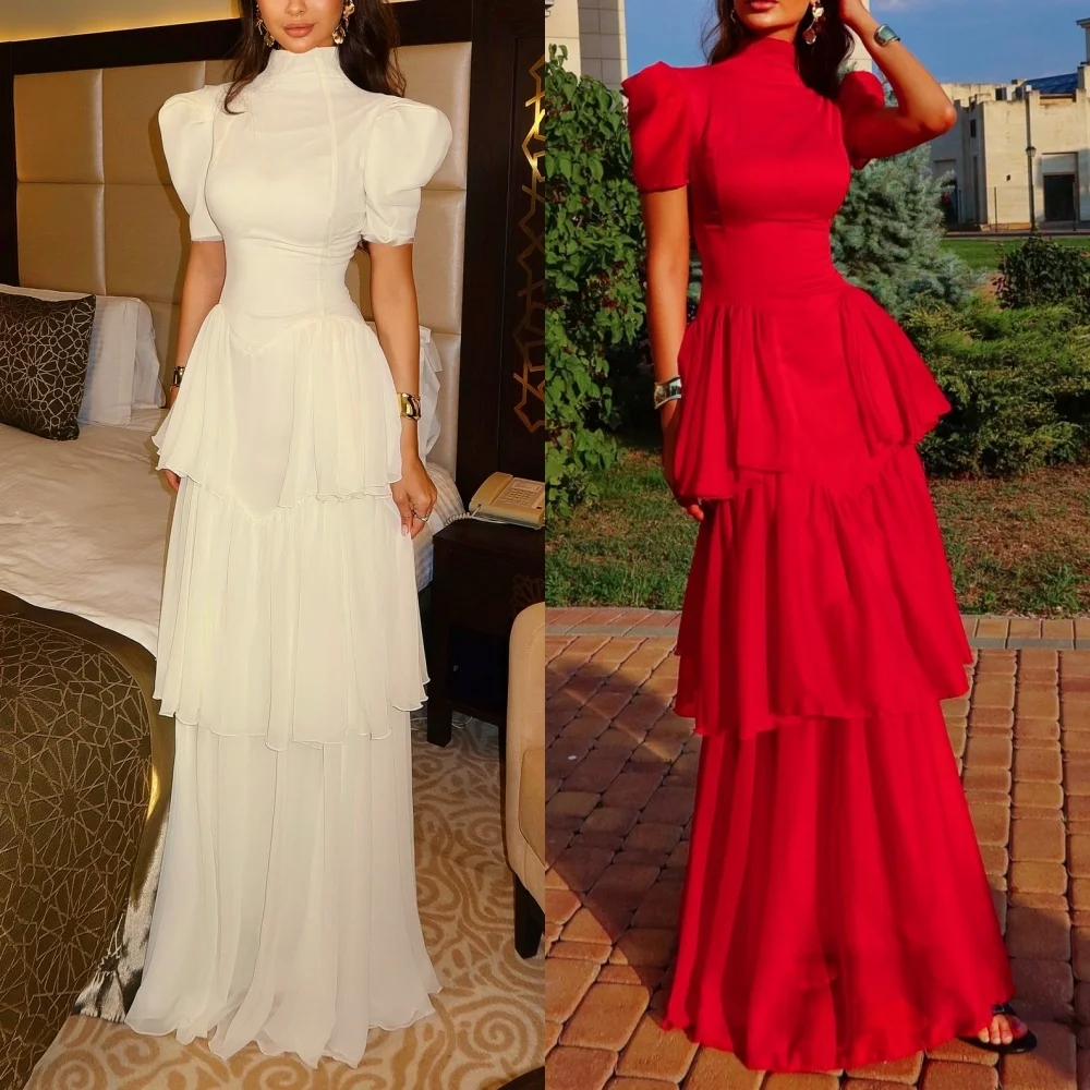 Customized Chiffon Tiered Lace-up High Collar Long Dresses Bespoke Occasion Prom Woman Elegant Party Wedding Sizes Available