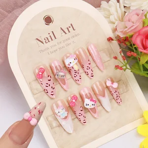 30/24Pcs 3D Hello Kitty Tekan Pada Kuku Merah Muda Macan Tutul Busur Y2k Kuku Palsu Kartun Kuku Tips Gadis Manis Fashion Wearable Kuku Palsu 10 kuku bermotif macan tutul dengan penjualan terbaik - №