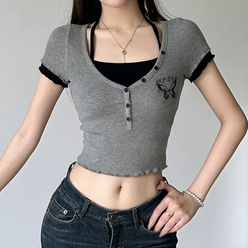 

Assorted Colors False-Two-Piece Lace-up Halterneck Short SleeveTT-shirt Female Summer New Wooden Ear Slimming Button Printed Sho