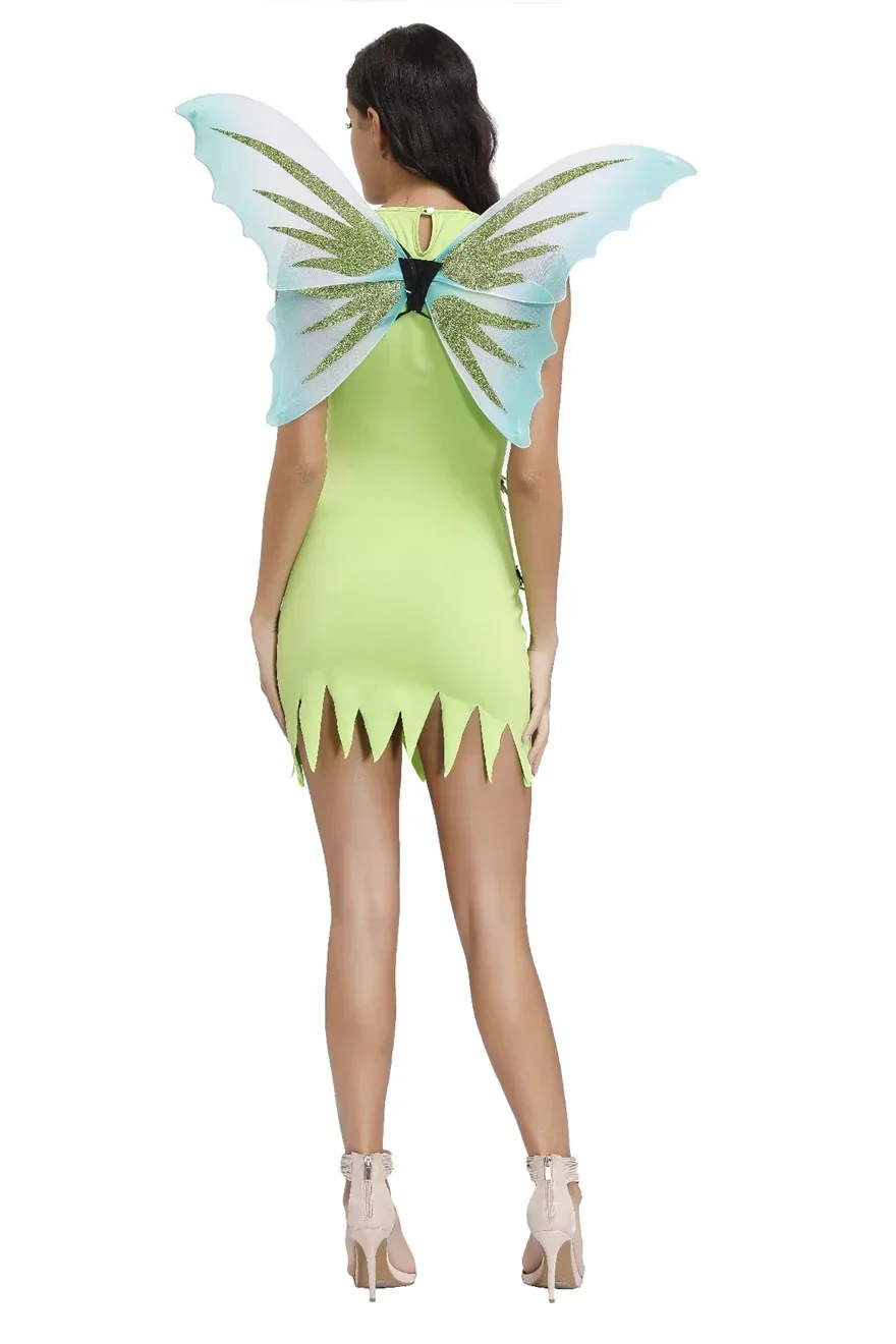 Halloween Cosplay Party Green Elf Princess Fairy Costume Adult Tinker Bell Dress Sleeveless Wing Princess Costume for Women