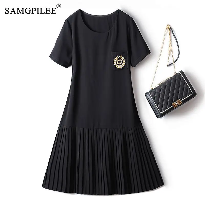 

Elegant Women's Dresses For Party 2022 Summer New Beaded Pinch Pleated Hem Round Neck Beaded Drape Fashion Dress For Woman 5XL