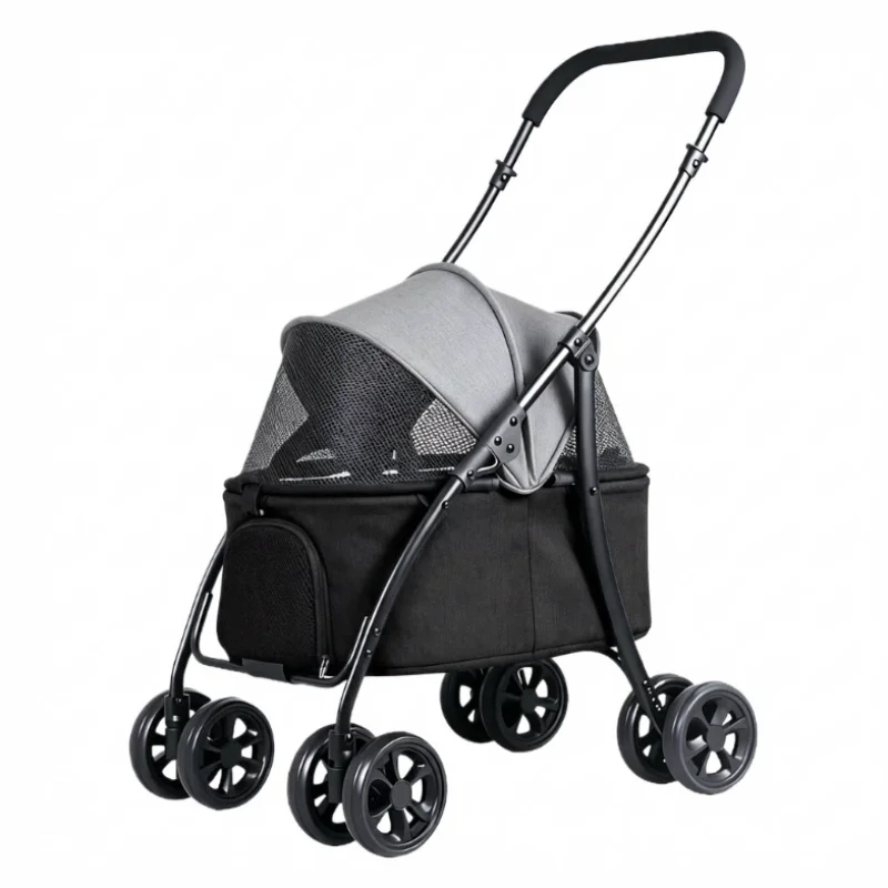 4-Wheel Foldable Pet Stroller with Low 19cm Chassis, Shock-Absorbing 360° Swivel Wheels, Breathable Mesh Windows & Storage Pocket, One-Click Folding Travel Cart for Small Medium Dogs & Cats
