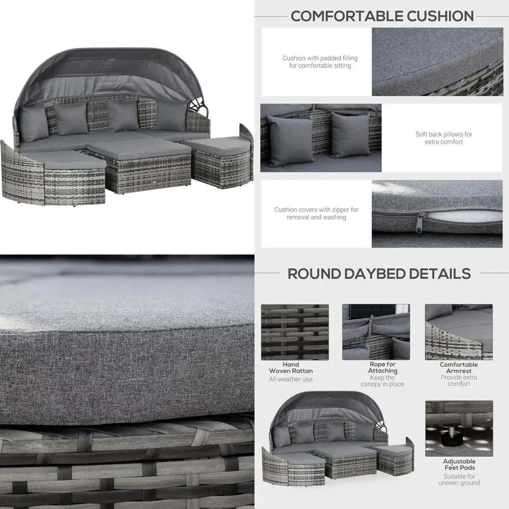 4-Piece Outdoor Rattan Furniture Set with Convertible Daybed and Sectional Sofa, Including Canopy and Pillows