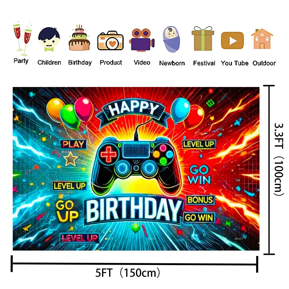 Video Game Happy Birthday Backdrop Banner Level Up Supplies Game Controller Theme Photography Party Decoration Background Props