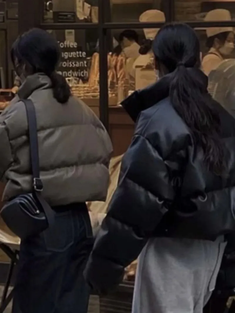 South Korea Stand Collar PU Leather Down Jacket Cotton-padded Clothes Outerwear Women 2024 Autumn and Winter Loose Slimming