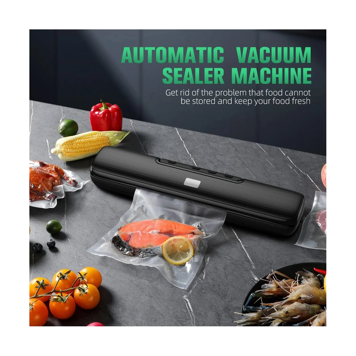 Machine sous vide automatique pour aliments, système de bancs d'air pour le stockage des aliments, sec et support avec kit de sacs scellés, noir, prise US