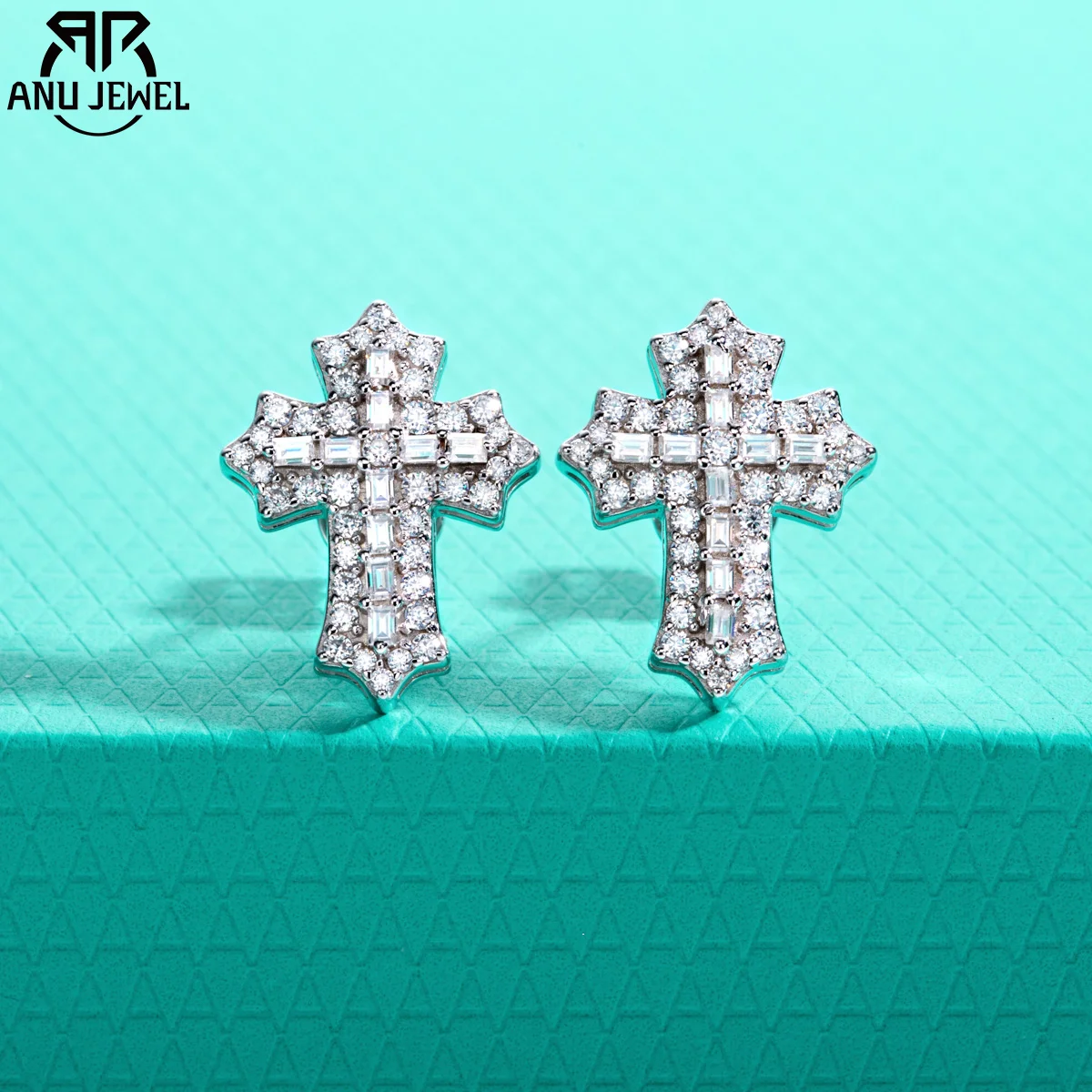 

AnuJewel 1cttw Iced Out Moissanite Cross Stud Earrings 925 Sterling Silver Pimped Out Earring New Age Hip Hop Jewelry for Men