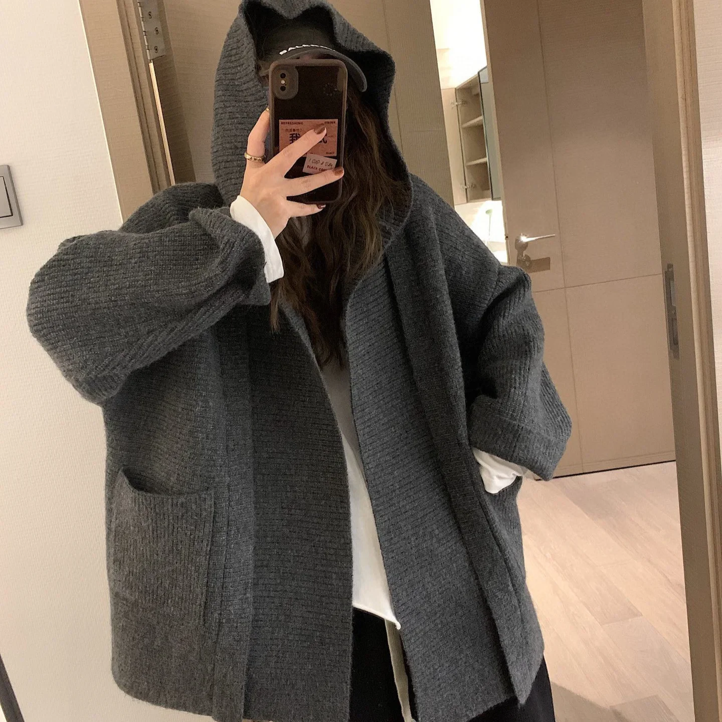 SuperAen Europe and America Style Hooded Simple Pocket Knitted Cardigan Coat Women's Autumn and Winter New Loose Casual Sweaters