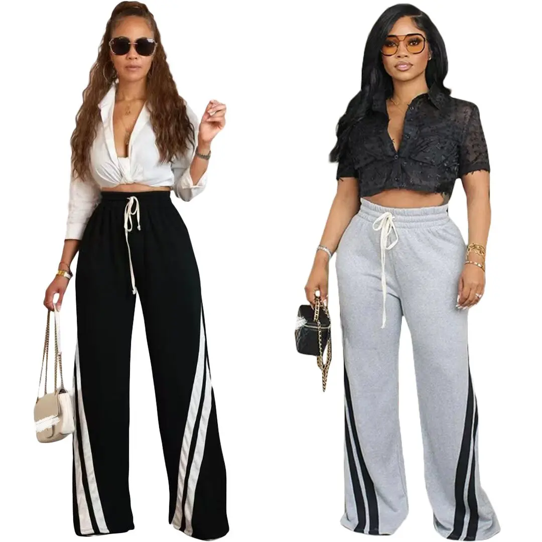 2024 Spring versatile design with contrasting diagonal stripes and tapered cuffs women pants