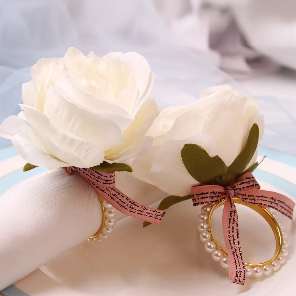 6PCS Napkin Clasp Creative Pearl Rose Napkin Ring Wedding Party Decoration Serviette Buckle Hotel Table Decoration Ornaments